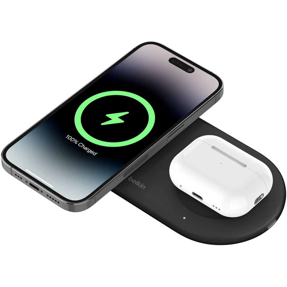 Belkin Qi2 2-in-1 charging pad with 5W USB-C port for wireless phone charging and accessory power — view 3