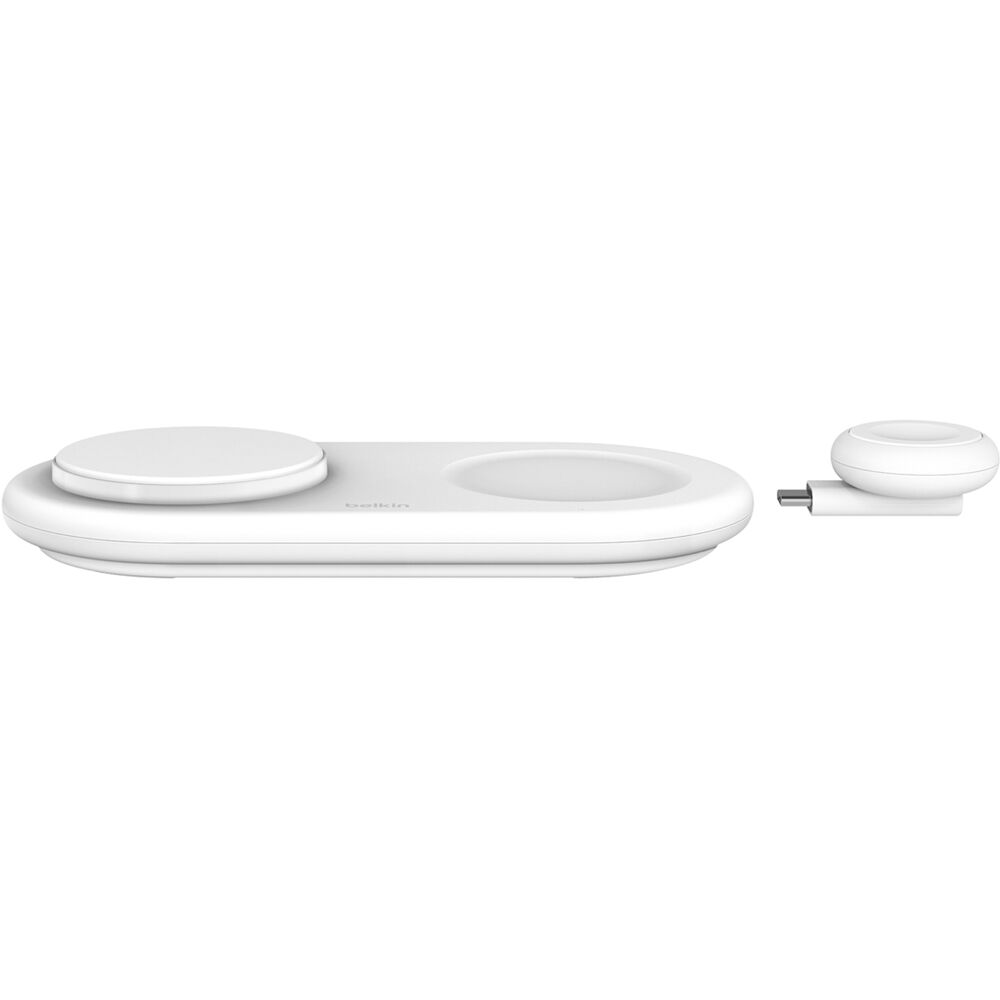 Belkin Qi2 15W 3-in-1 wireless charger pad in white with USB-C to Apple Watch adapter — view 2