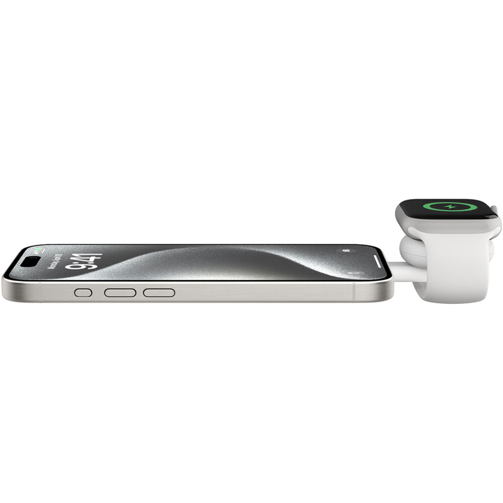 Belkin Qi2 15W 3-in-1 wireless charger pad in white with USB-C to Apple Watch adapter — view 4