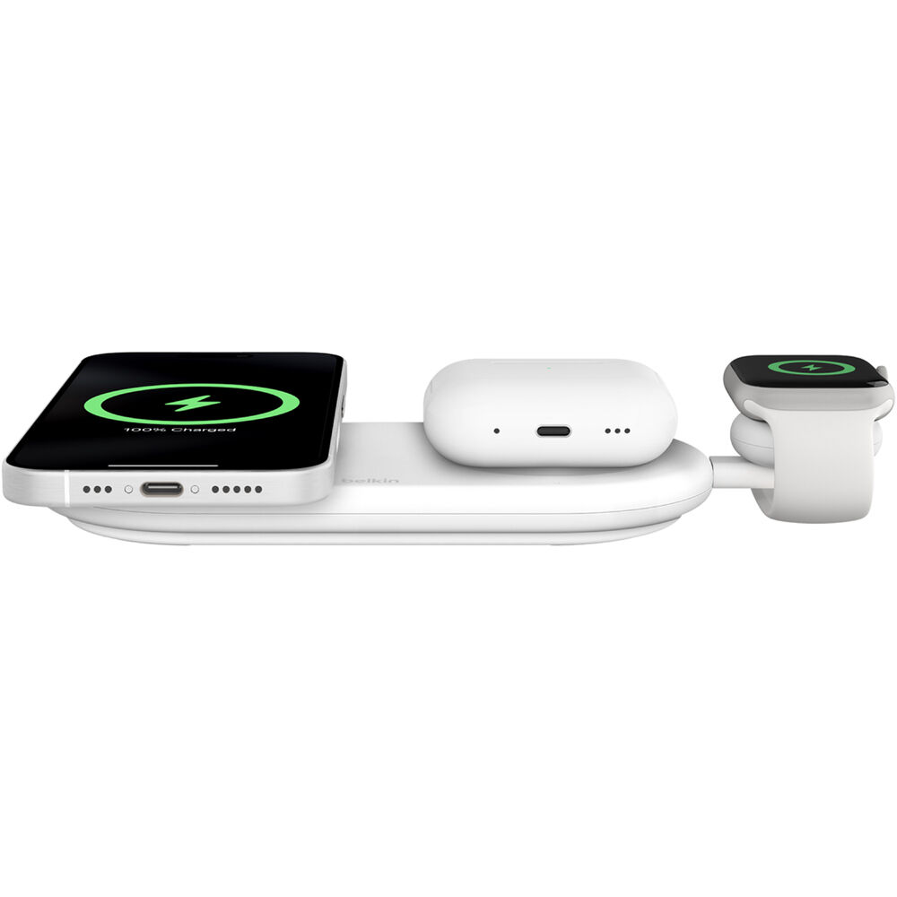 Belkin Qi2 15W 3-in-1 wireless charger pad in white with USB-C to Apple Watch adapter — view 5