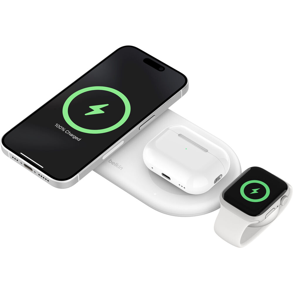 Belkin Qi2 15W 3-in-1 wireless charger pad in white with USB-C to Apple Watch adapter — view 6