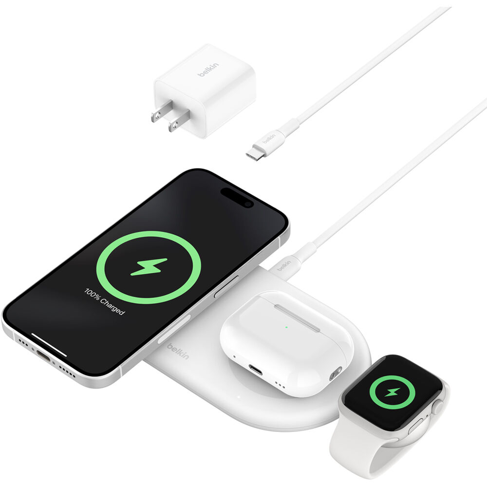 Belkin Qi2 15W 3-in-1 wireless charger pad in white with USB-C to Apple Watch adapter — view 7