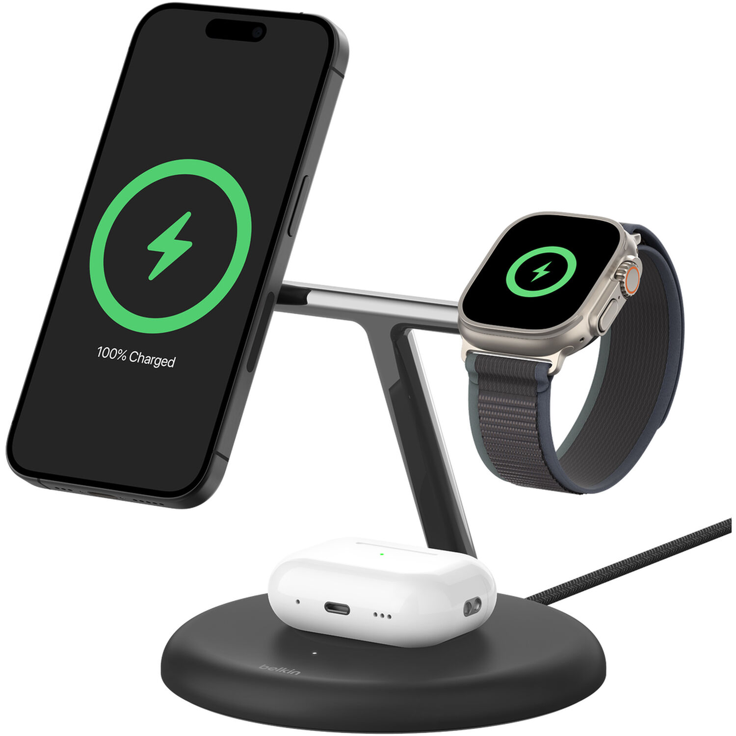 Belkin Qi2 3-in-1 magnetic wireless charging stand in black — view 5