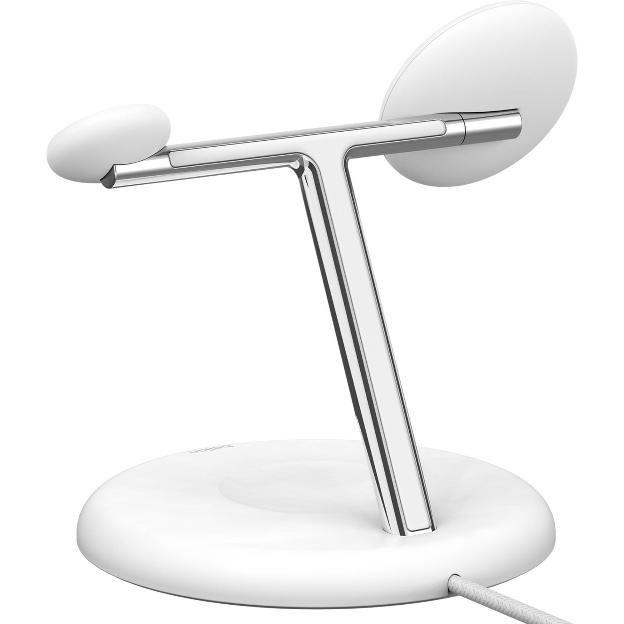 Belkin QI2 3-in-1 magnetic wireless stand in white for phone, earbuds, and watch charging — view 2