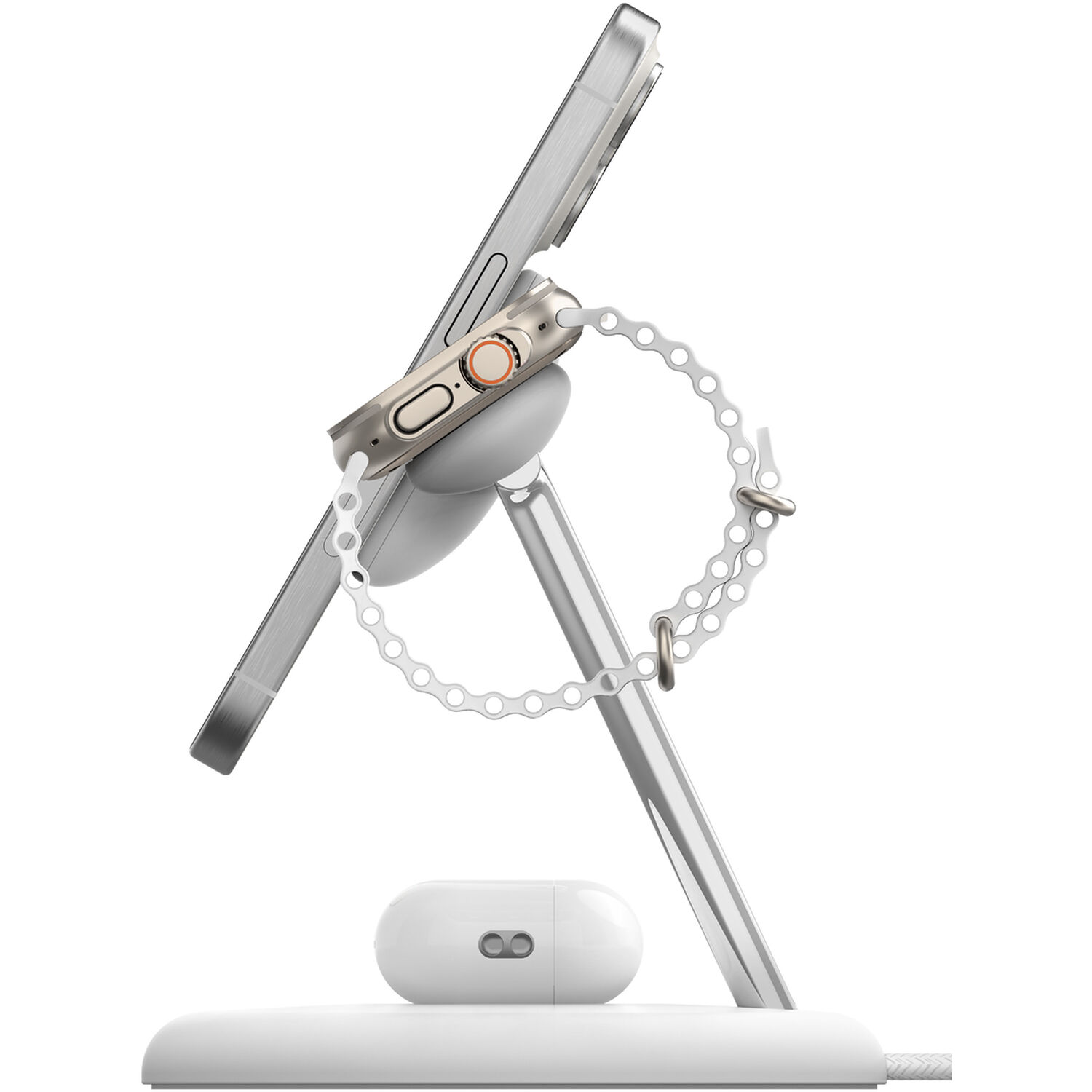 Belkin QI2 3-in-1 magnetic wireless stand in white for phone, earbuds, and watch charging — view 4