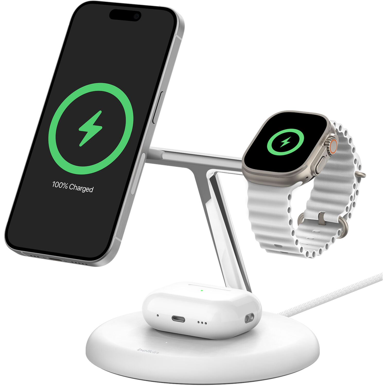 Belkin QI2 3-in-1 magnetic wireless stand in white for phone, earbuds, and watch charging — view 5