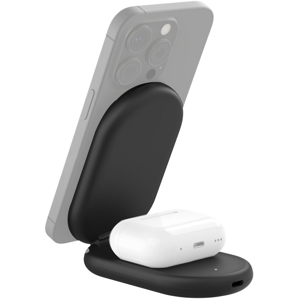 Belkin Qi2 2-in-1 wireless charging stand in black for charging a phone and earbuds — view 2