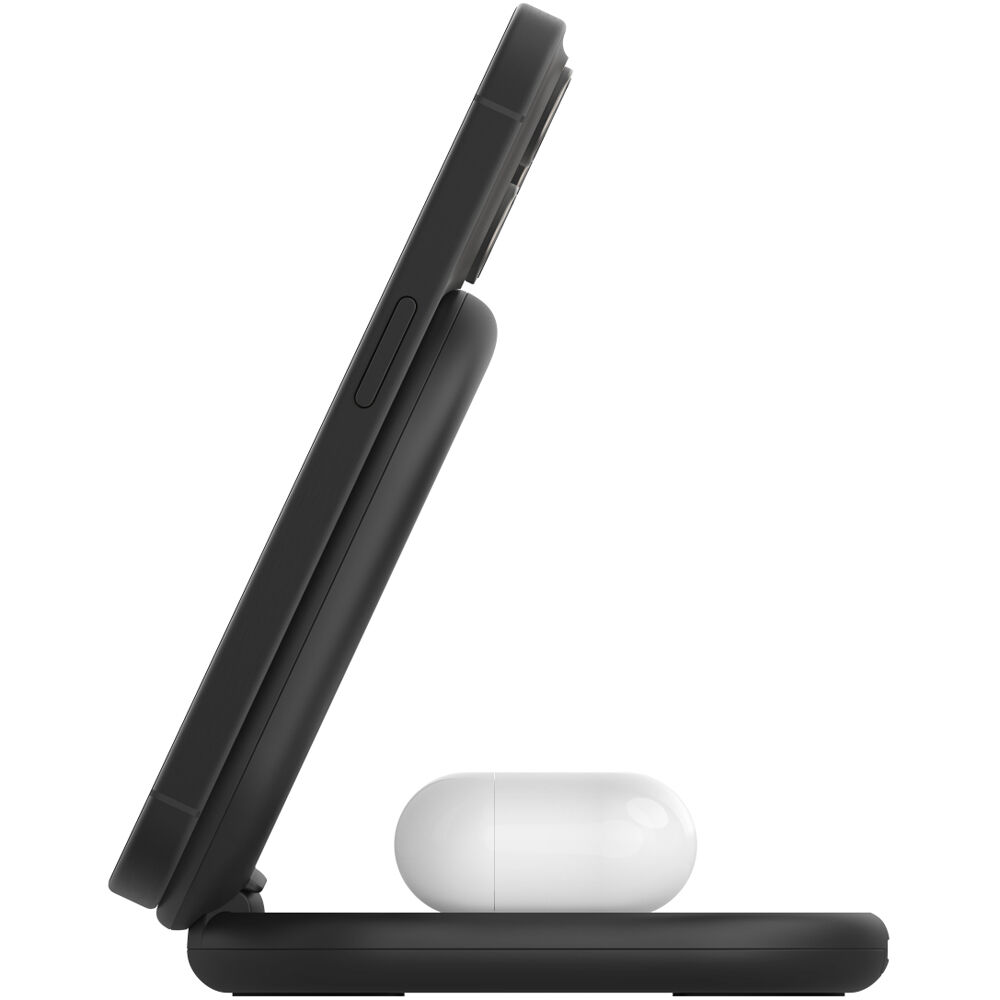 Belkin Qi2 2-in-1 wireless charging stand in black for charging a phone and earbuds — view 3