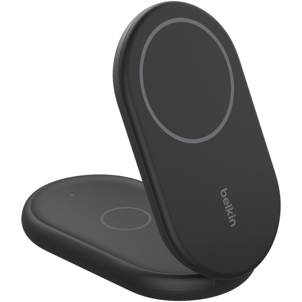 Belkin Qi2 2-in-1 wireless charging stand in black for charging a phone and earbuds — view 4