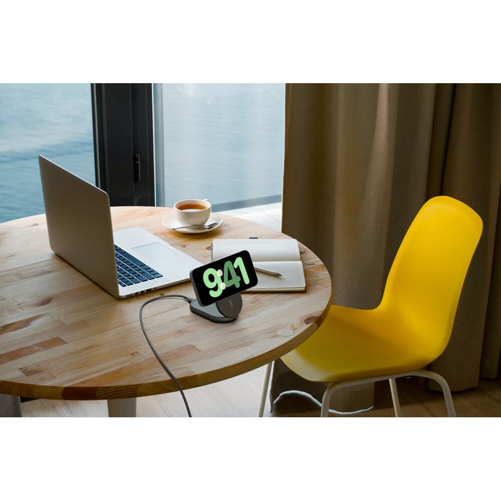Belkin Qi2 2-in-1 wireless charging stand in black for charging a phone and earbuds — view 5