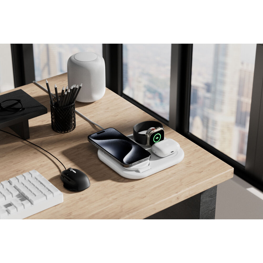 Belkin Qi2 3-in-1 Magnetic Wireless Charging Stand in white for iPhone, Apple Watch, and AirPods — view 3
