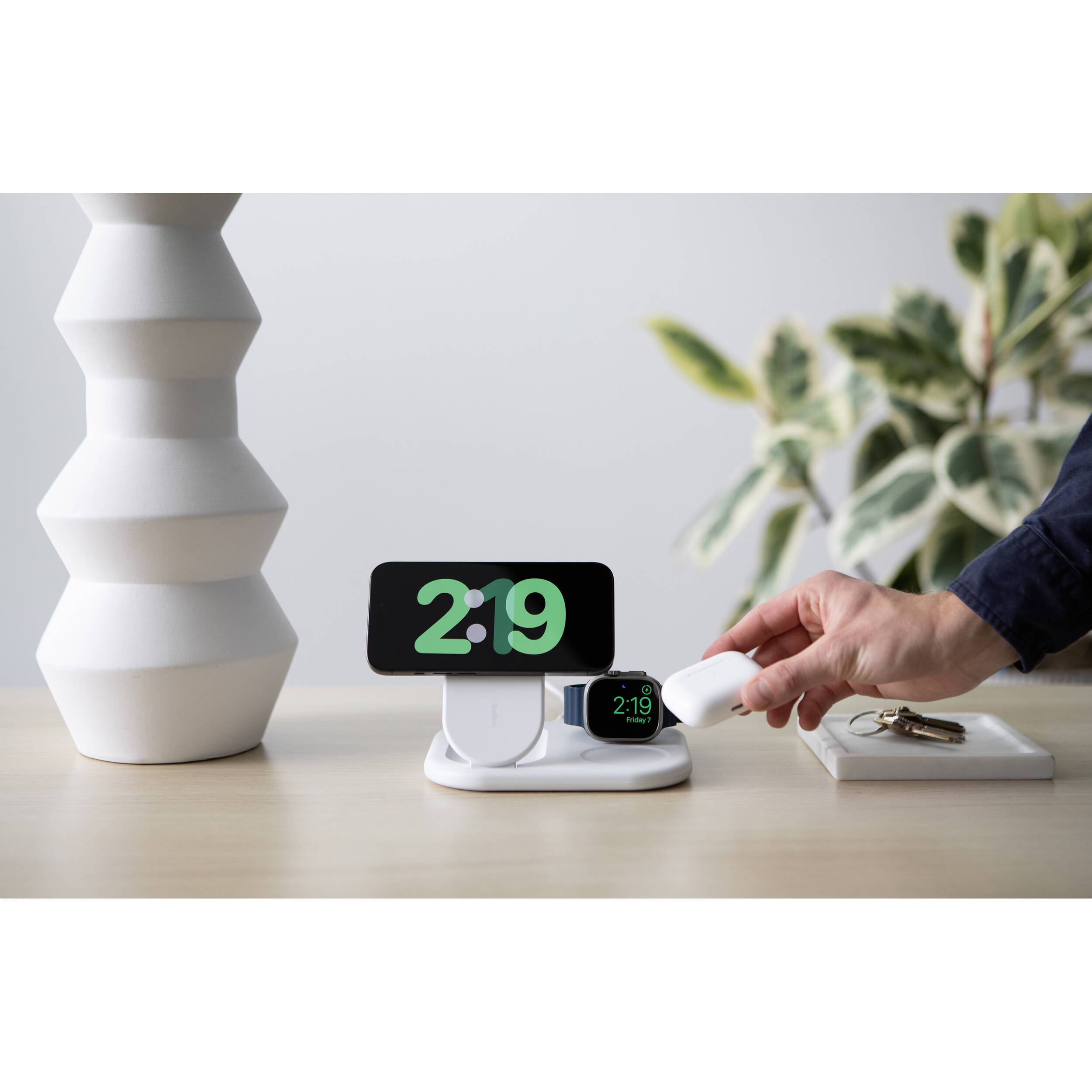 Belkin Qi2 3-in-1 Magnetic Wireless Charging Stand in white for iPhone, Apple Watch, and AirPods — view 4