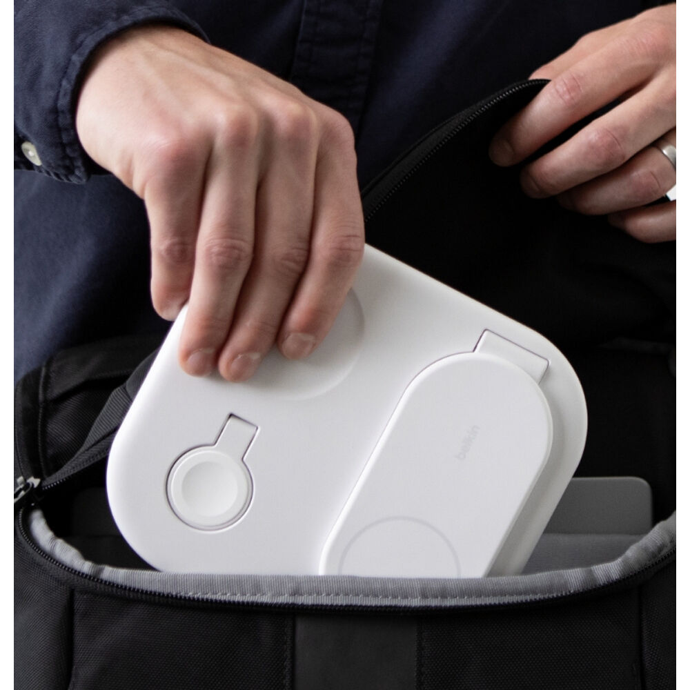 Belkin Qi2 3-in-1 Magnetic Wireless Charging Stand in white for iPhone, Apple Watch, and AirPods — view 6