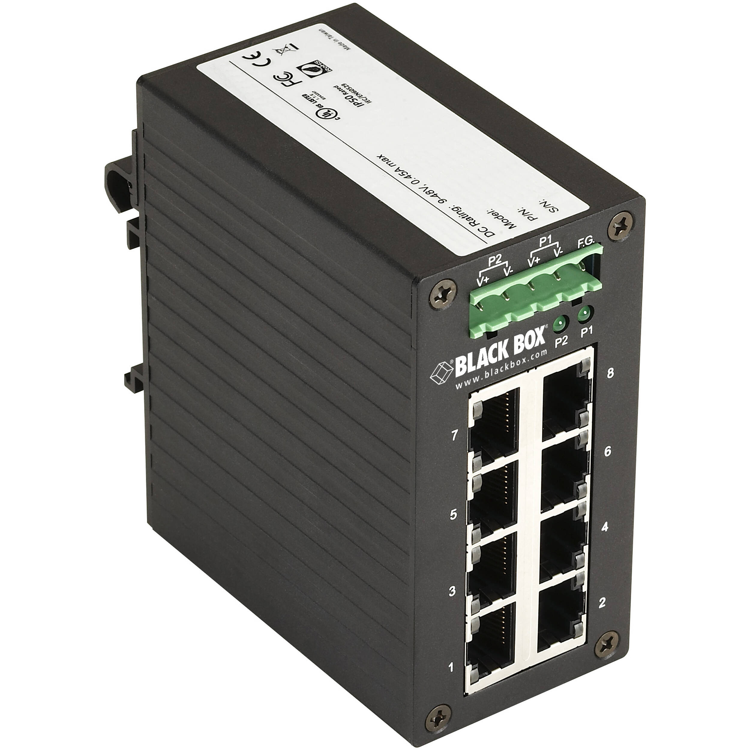 Black Box LGH008A hardened 8-port Gigabit Ethernet industrial switch with DIN rail mounting — view 3