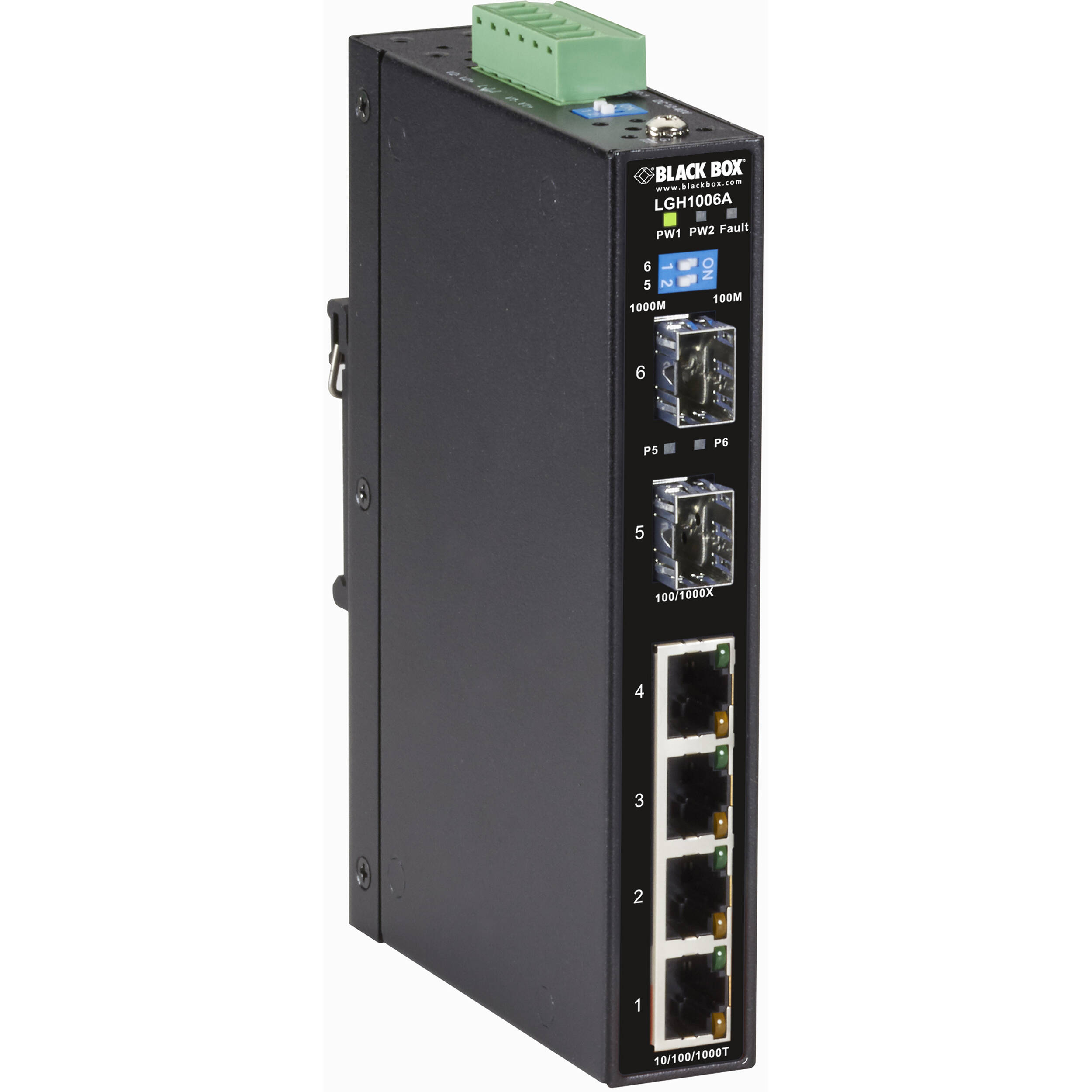 Black Box LGH1006A industrial switch with 4 Gigabit RJ-45 ports and 2 SFP slots — view 2