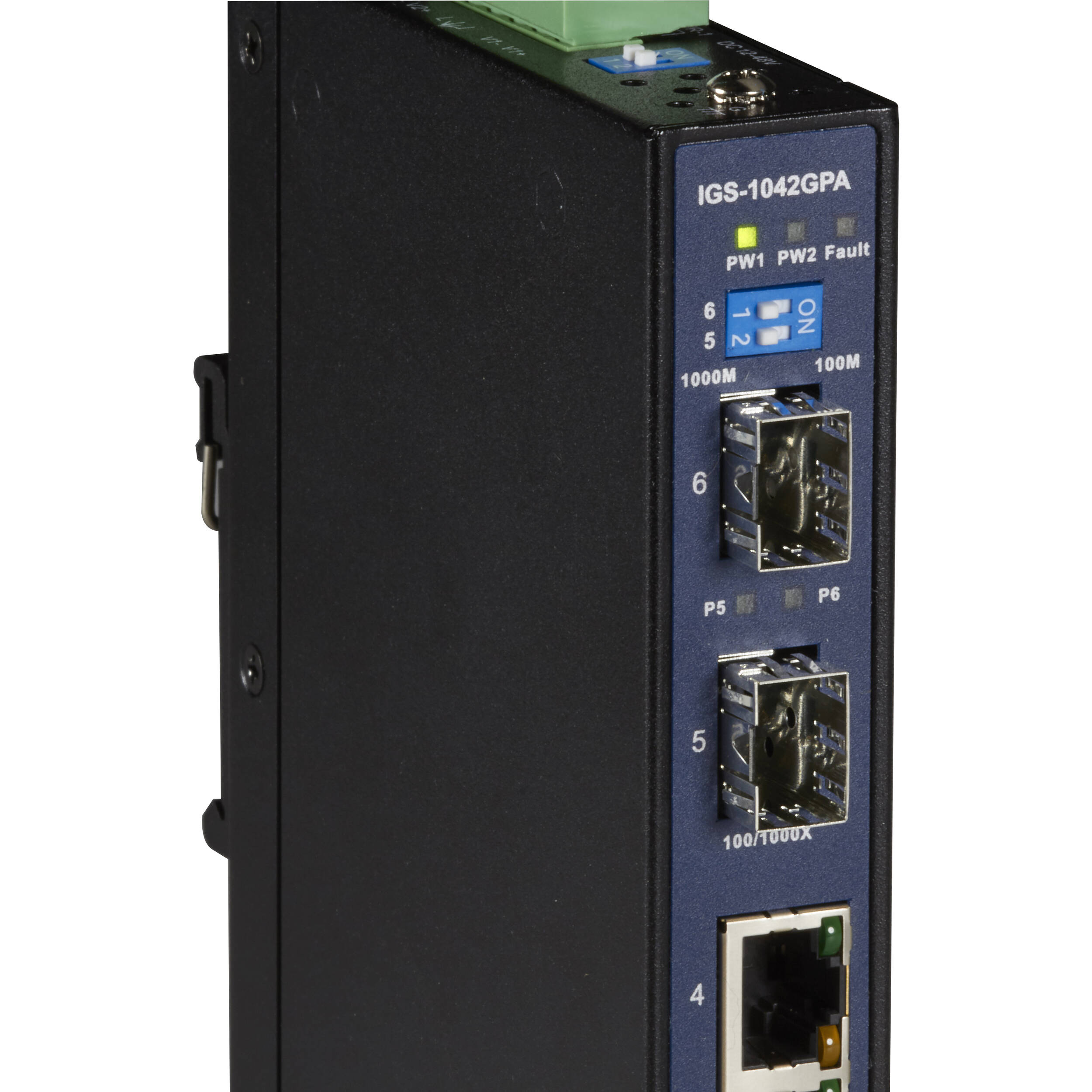 Black Box LGH1006A industrial switch with 4 Gigabit RJ-45 ports and 2 SFP slots — view 4