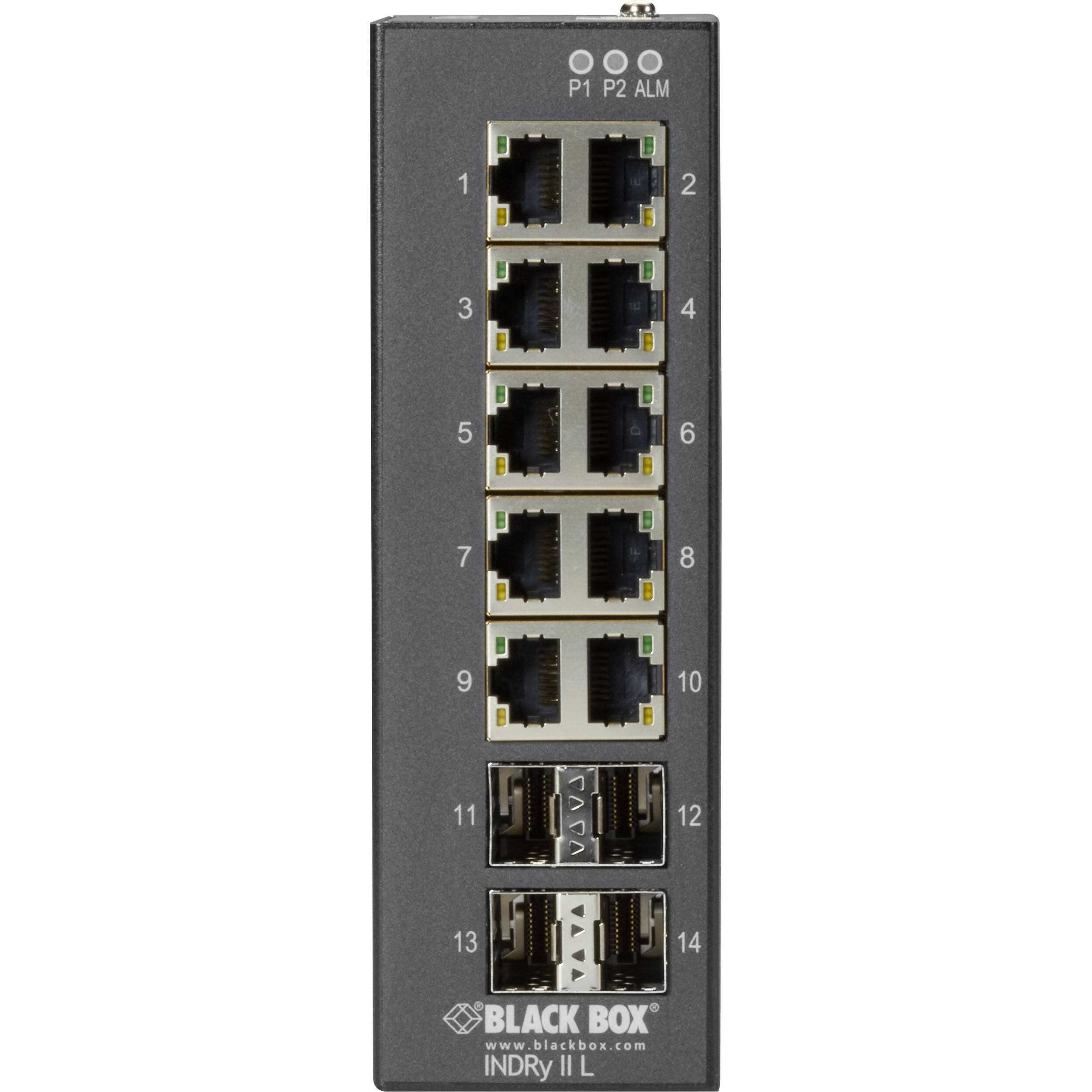 Black Box industrial managed switch with 10 RJ45 ports and 4 SFP slots — view 2
