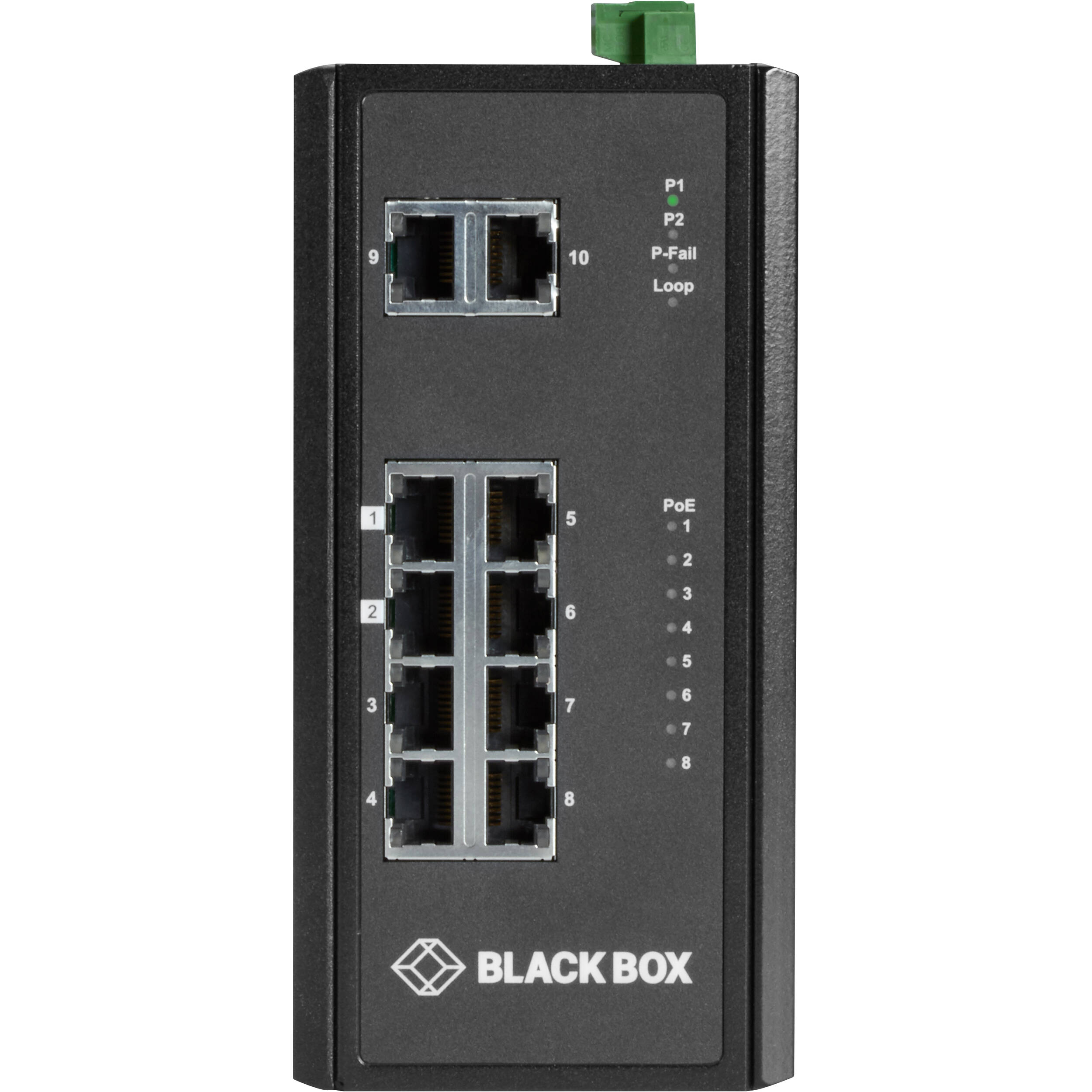 Black Box 10-port industrial unmanaged Gigabit PoE+ switch with 8 PoE ports and 2 uplink ports — view 2