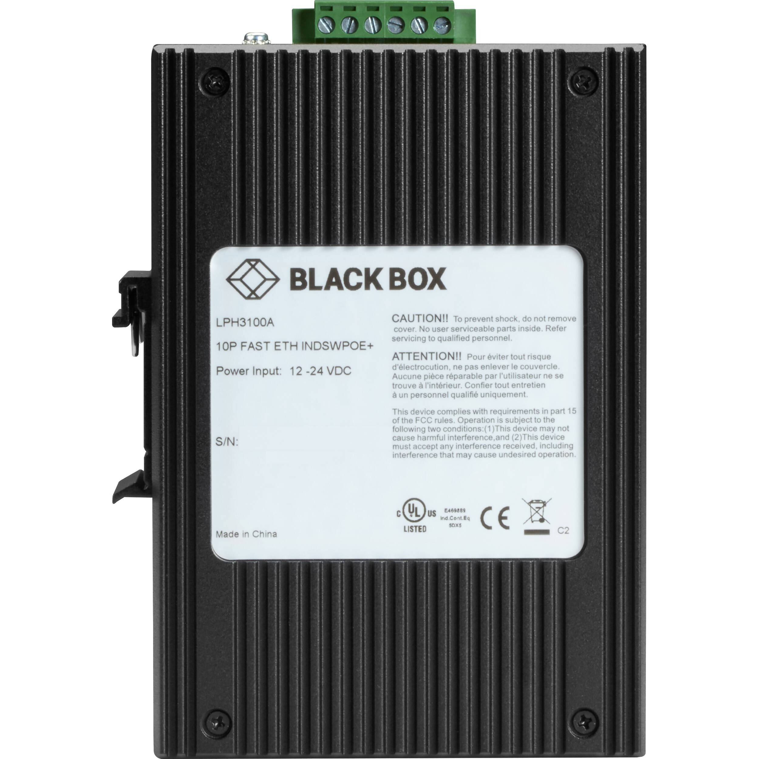 Black Box 10-port industrial unmanaged Gigabit PoE+ switch with 8 PoE ports and 2 uplink ports — view 4