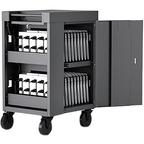Bretford CUBE Mini 20 unit charging cart in charcoal with back panel and 90 degree outlets — view 2
