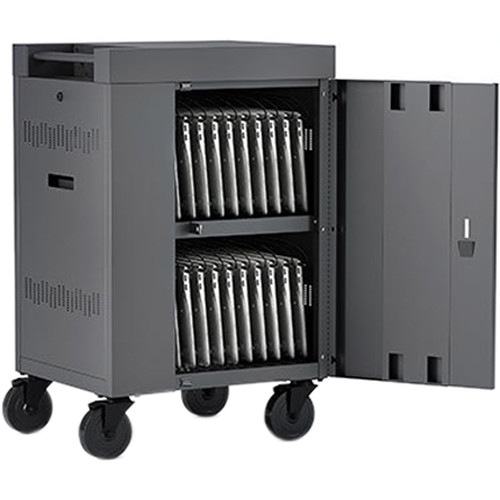 Bretford CUBE Mini 20 unit charging cart in charcoal with back panel and 90 degree outlets — view 3