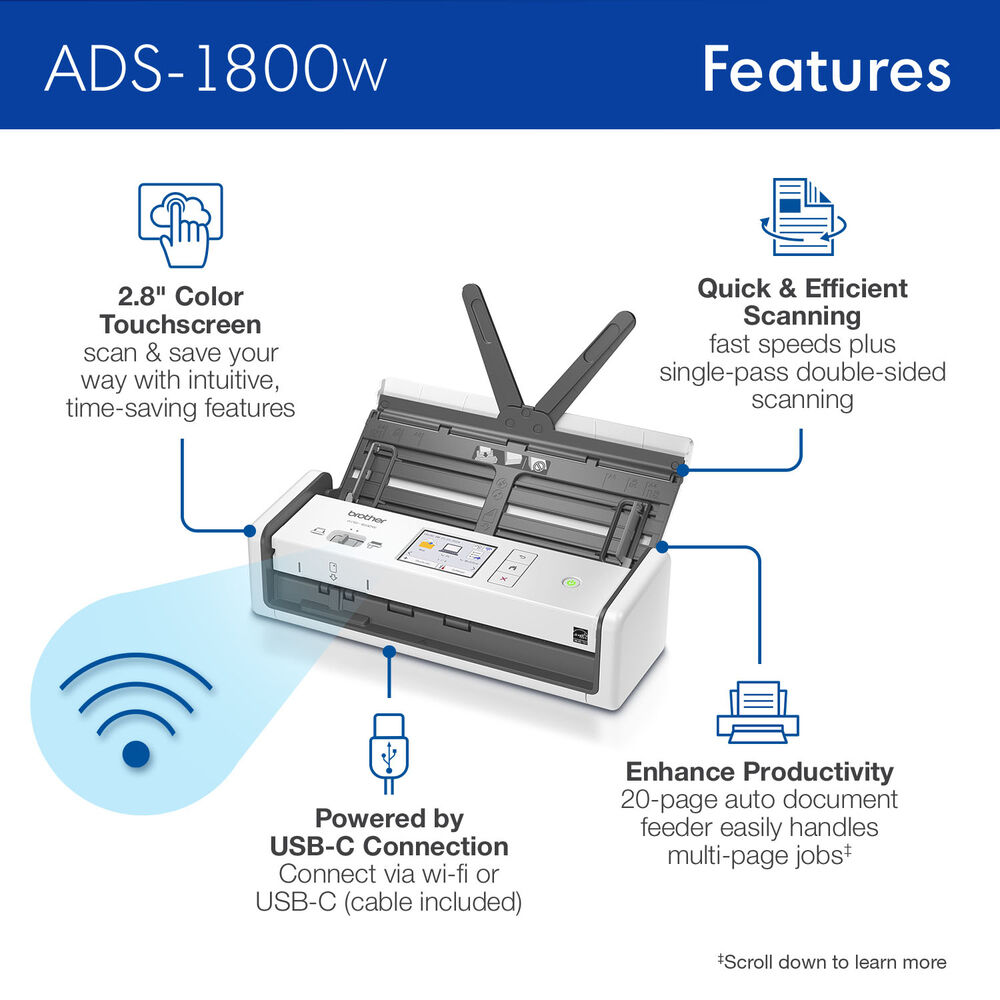 Brother ADS-1800W wireless desktop document scanner with duplex scanning — view 3
