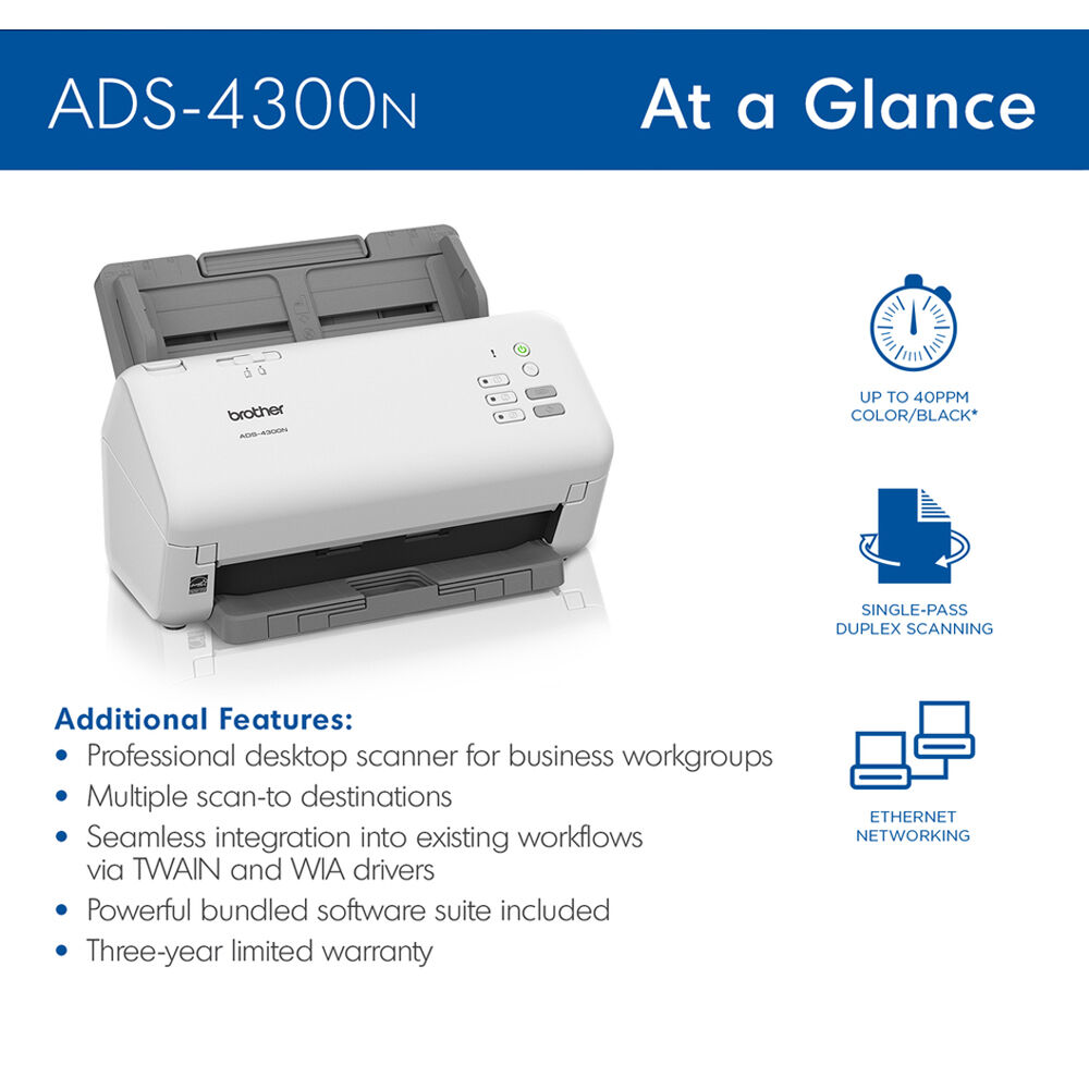 Brother ADS-4300N desktop document scanner for workgroups with network connectivity and duplex scanning — view 4