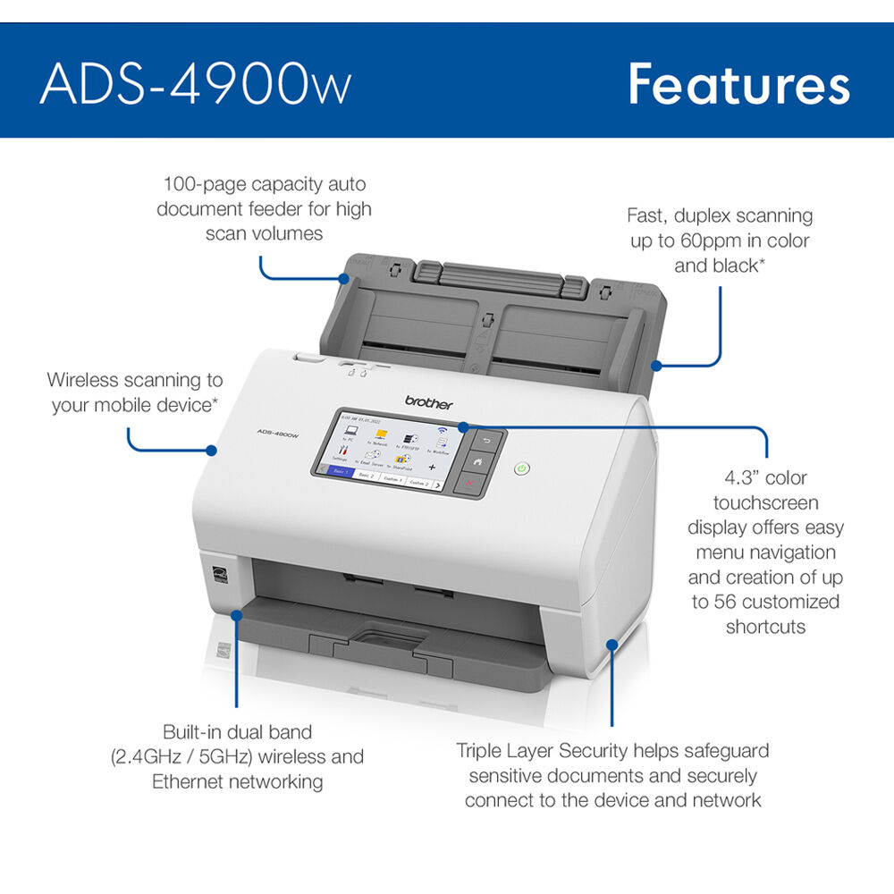 Brother ADS-4900W desktop document scanner with wireless connectivity, duplex scanning, and 100-sheet ADF — view 3