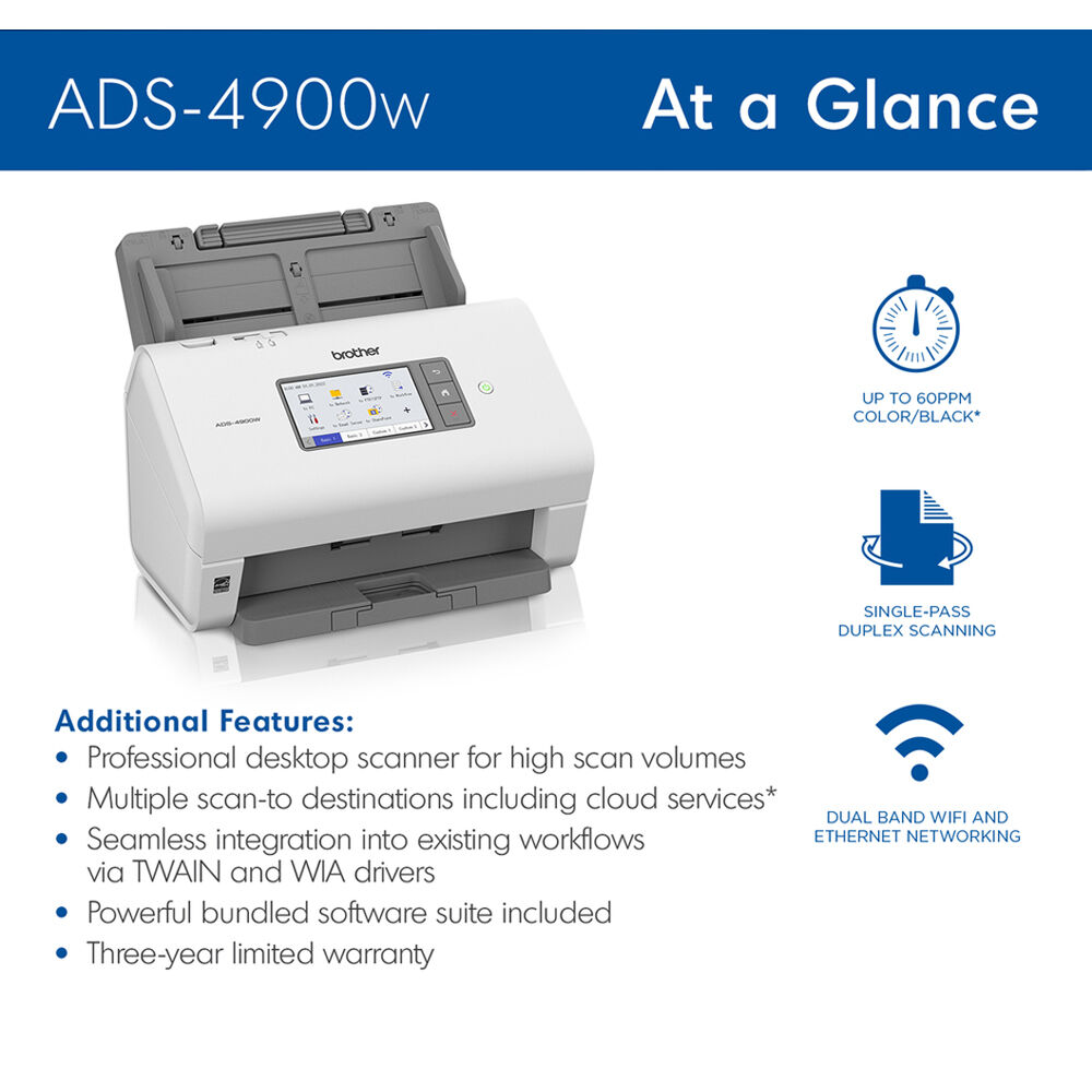 Brother ADS-4900W desktop document scanner with wireless connectivity, duplex scanning, and 100-sheet ADF — view 4