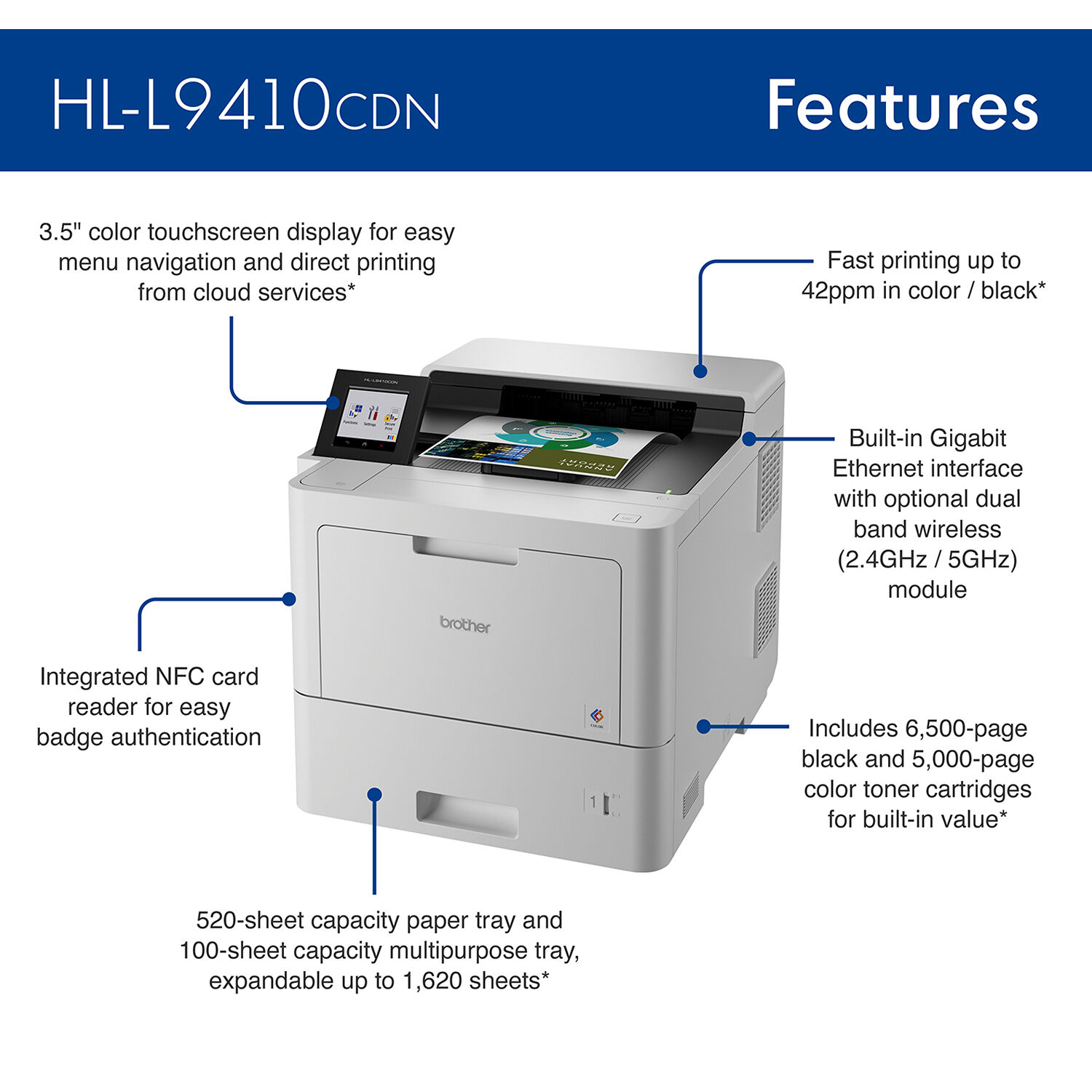 Brother HL-L9410CDN enterprise color laser printer with duplex printing and Ethernet connectivity — view 3