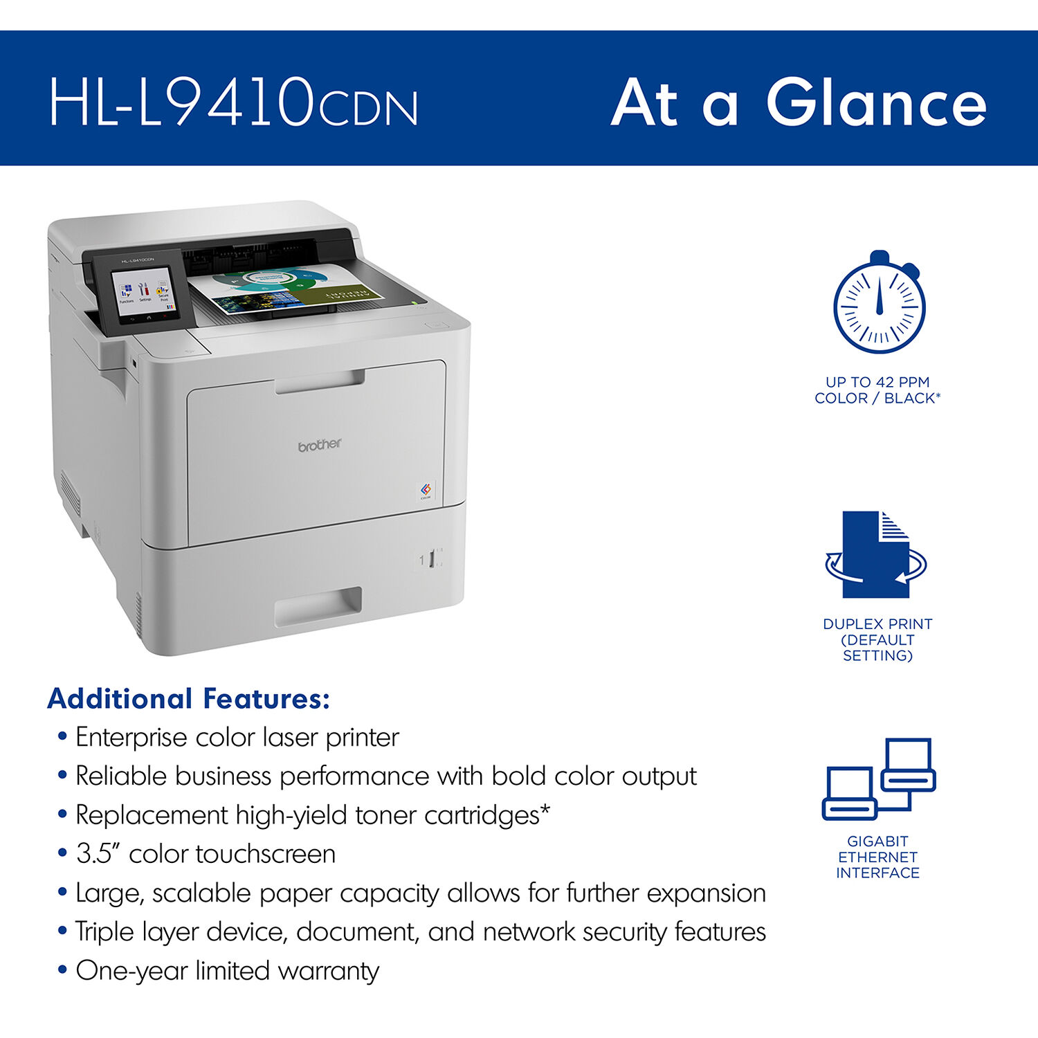 Brother HL-L9410CDN enterprise color laser printer with duplex printing and Ethernet connectivity — view 4