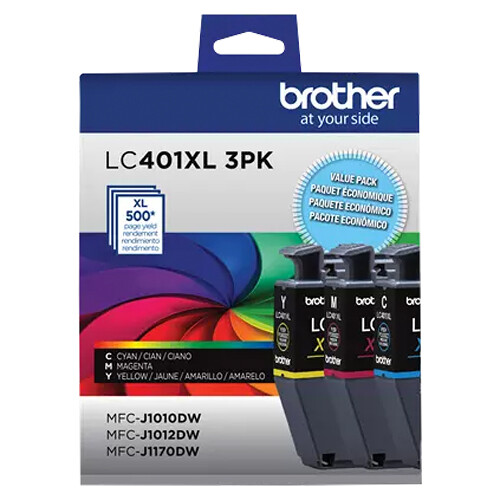 Brother LC401XL3PKS high yield color ink cartridge 3-pack with cyan, magenta, and yellow cartridges — view 3