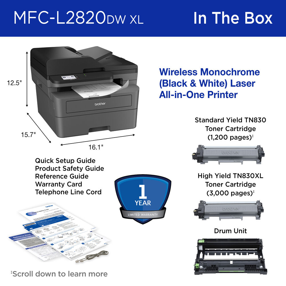 Brother MFC-L2820DW XL monochrome laser all-in-one printer with wireless and duplex printing — view 3