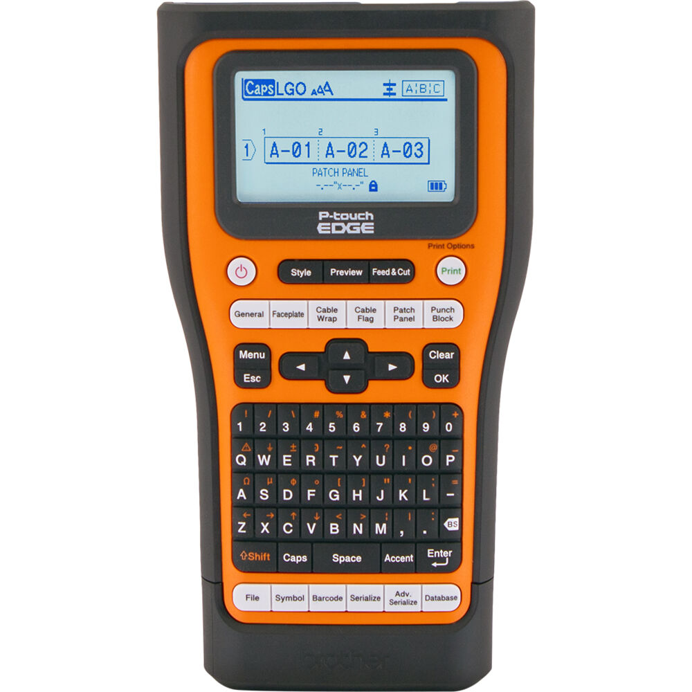Brother PT-E560BT handheld industrial label printer with Bluetooth, USB-C, hand strap, and carrying case — view 2