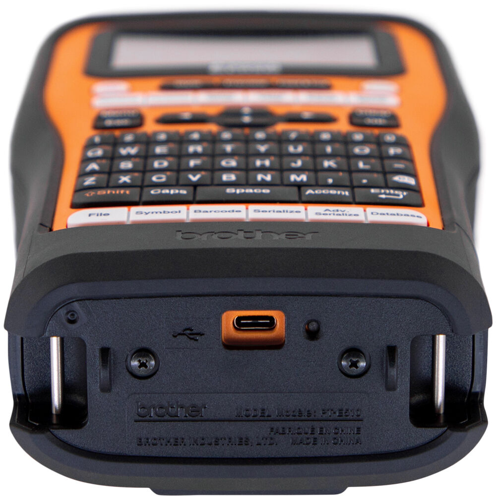 Brother PT-E560BT handheld industrial label printer with Bluetooth, USB-C, hand strap, and carrying case — view 4