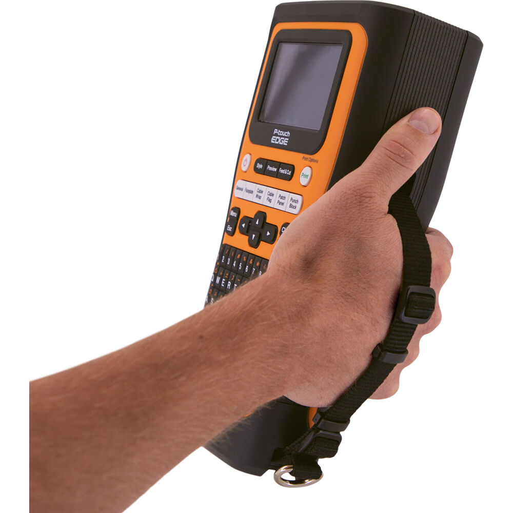 Brother PT-E560BT handheld industrial label printer with Bluetooth, USB-C, hand strap, and carrying case — view 7