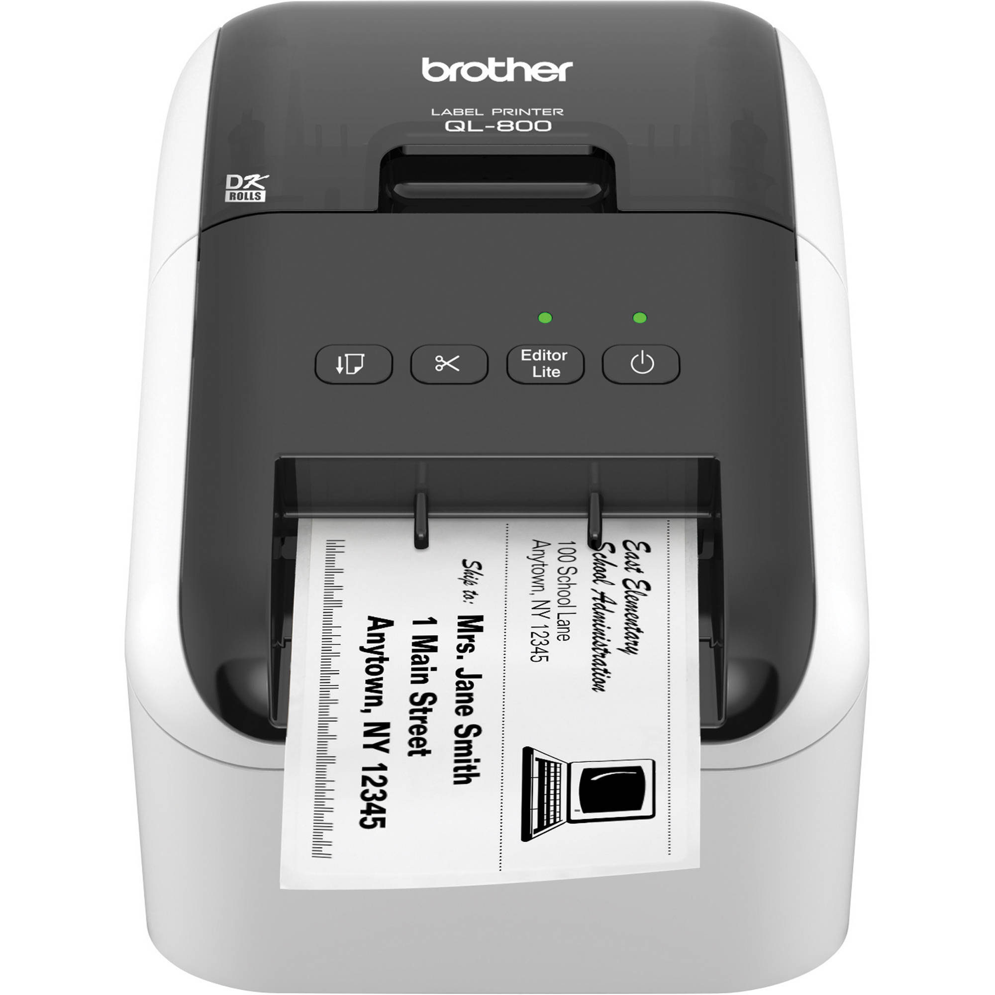 Brother QL-800 desktop direct-thermal label printer, compact white chassis — view 2
