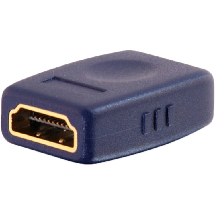 Black HDMI female to female coupler for extending two HDMI cables in an AV installation — view 3