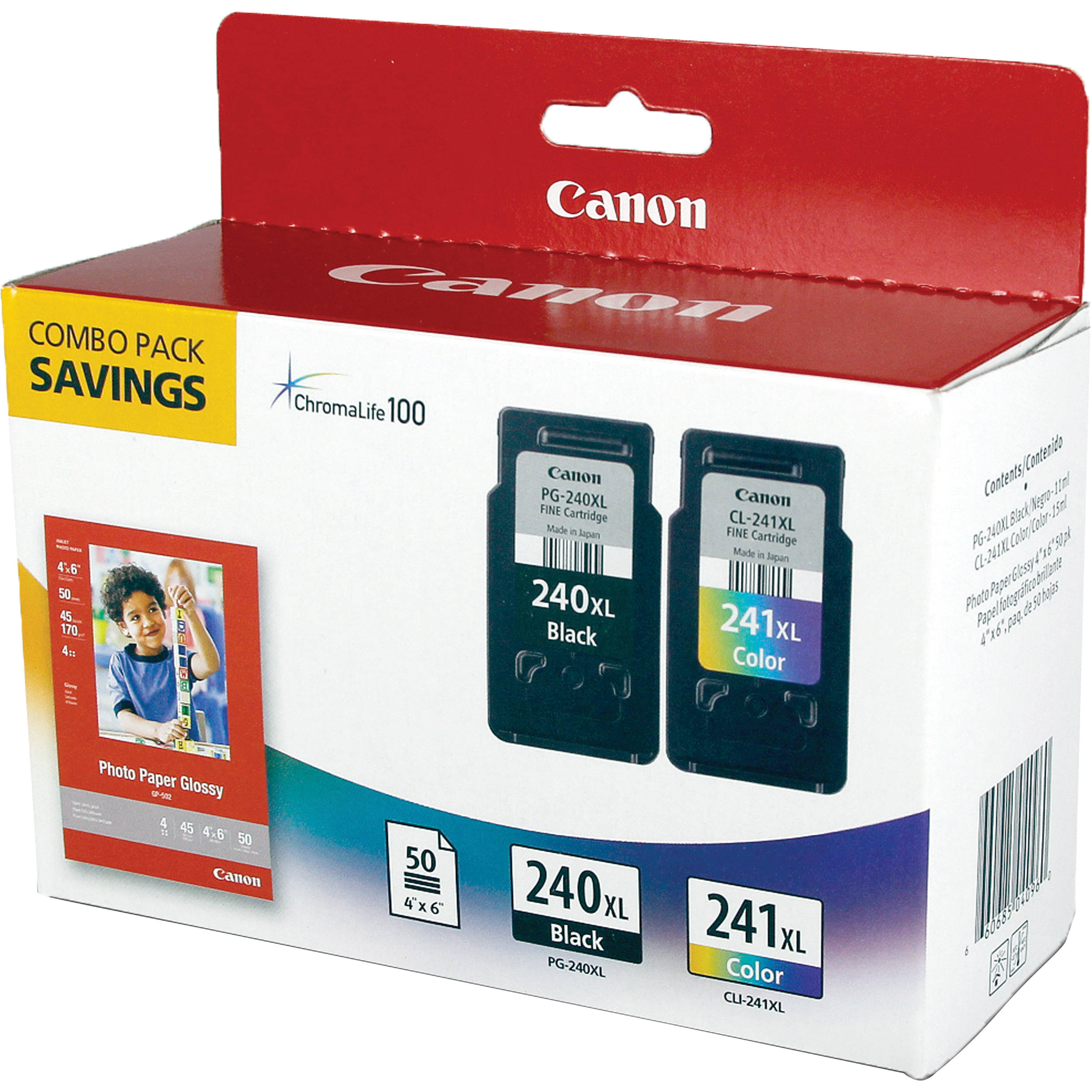 Canon PG-240XL black and CL-241XL color OEM ink cartridge bundle with 50 sheets of 4 x 6 inch photo paper — view 2
