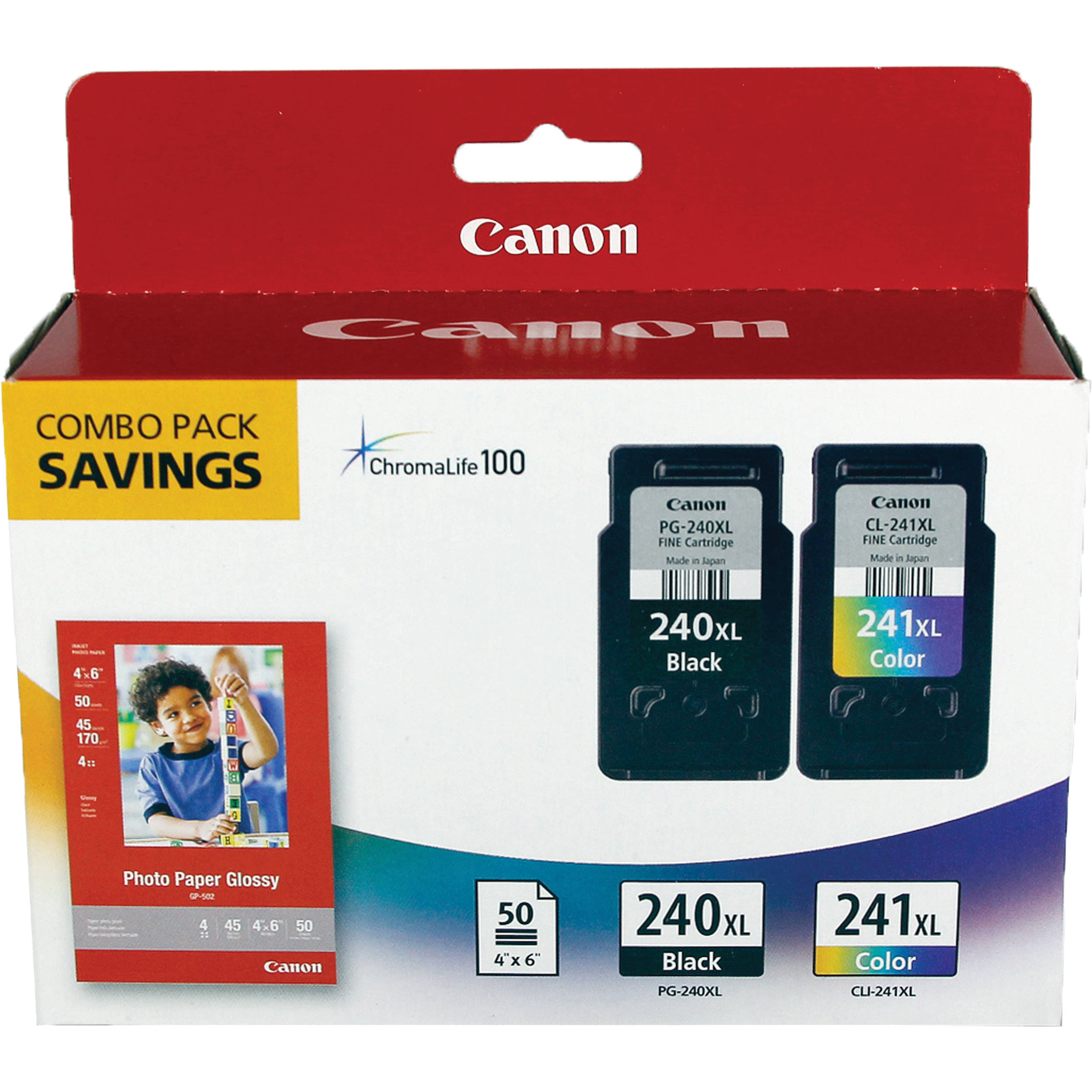 Canon PG-240XL black and CL-241XL color OEM ink cartridge bundle with 50 sheets of 4 x 6 inch photo paper — view 3