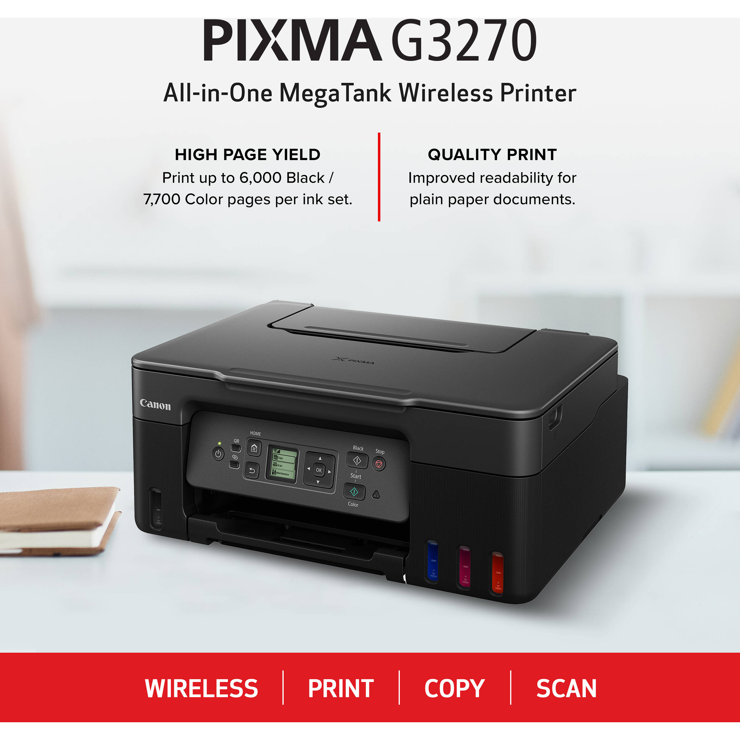 Canon PIXMA G3270 Black Wireless MegaTank All-in-One printer for color printing, scanning, and copying — view 2