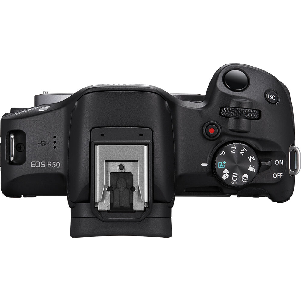 Canon EOS R50 mirrorless camera kit with RF-S 18-45 mm IS STM lens in black — view 3
