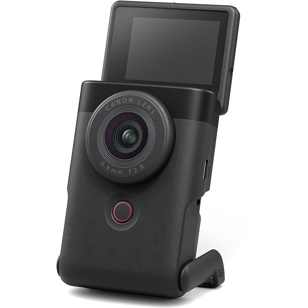 Canon PowerShot V10 camera in black, compact creator-focused digital camera with integrated stand — view 2