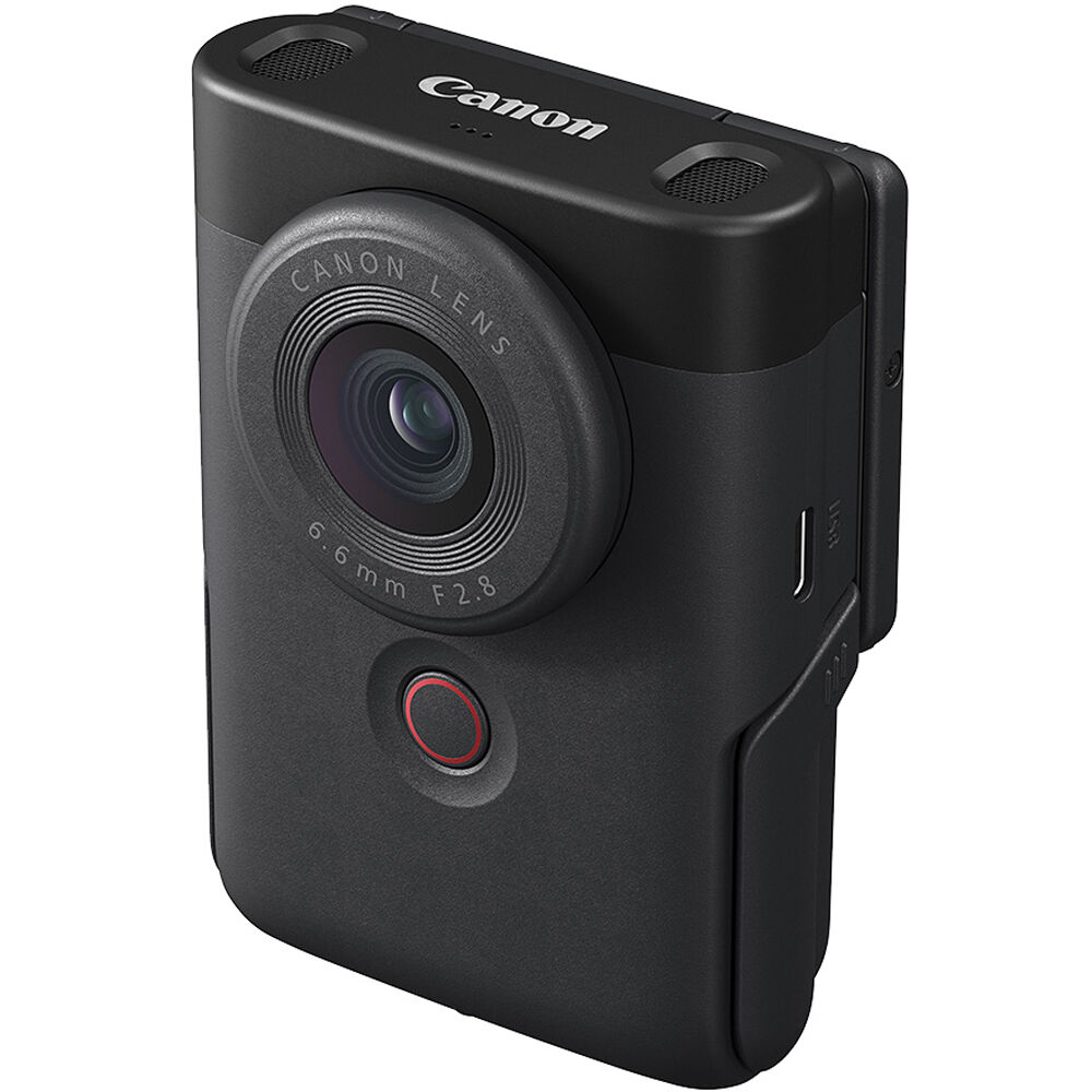 Canon PowerShot V10 camera in black, compact creator-focused digital camera with integrated stand — view 3