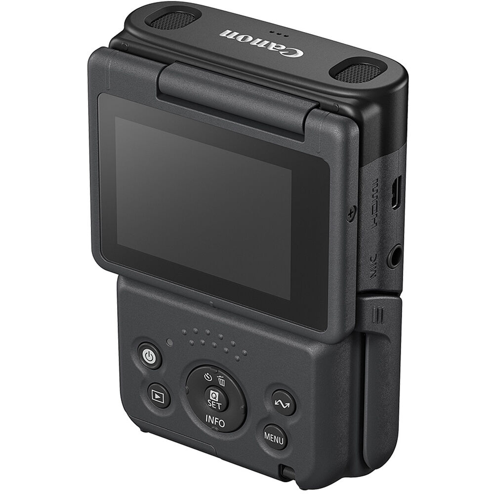 Canon PowerShot V10 camera in black, compact creator-focused digital camera with integrated stand — view 4