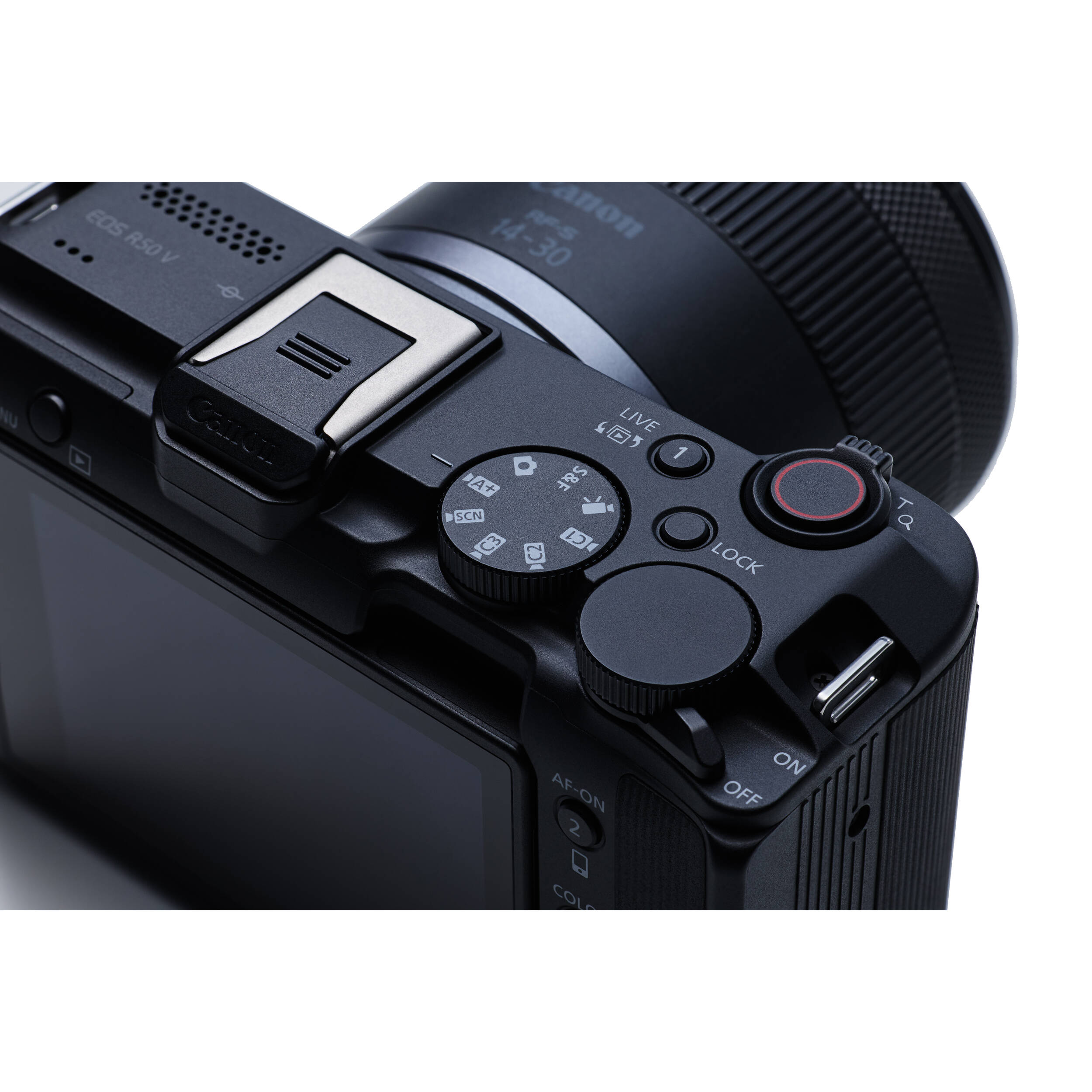 Canon EOS R50 V mirrorless camera with 14-30mm lens, front view — view 8