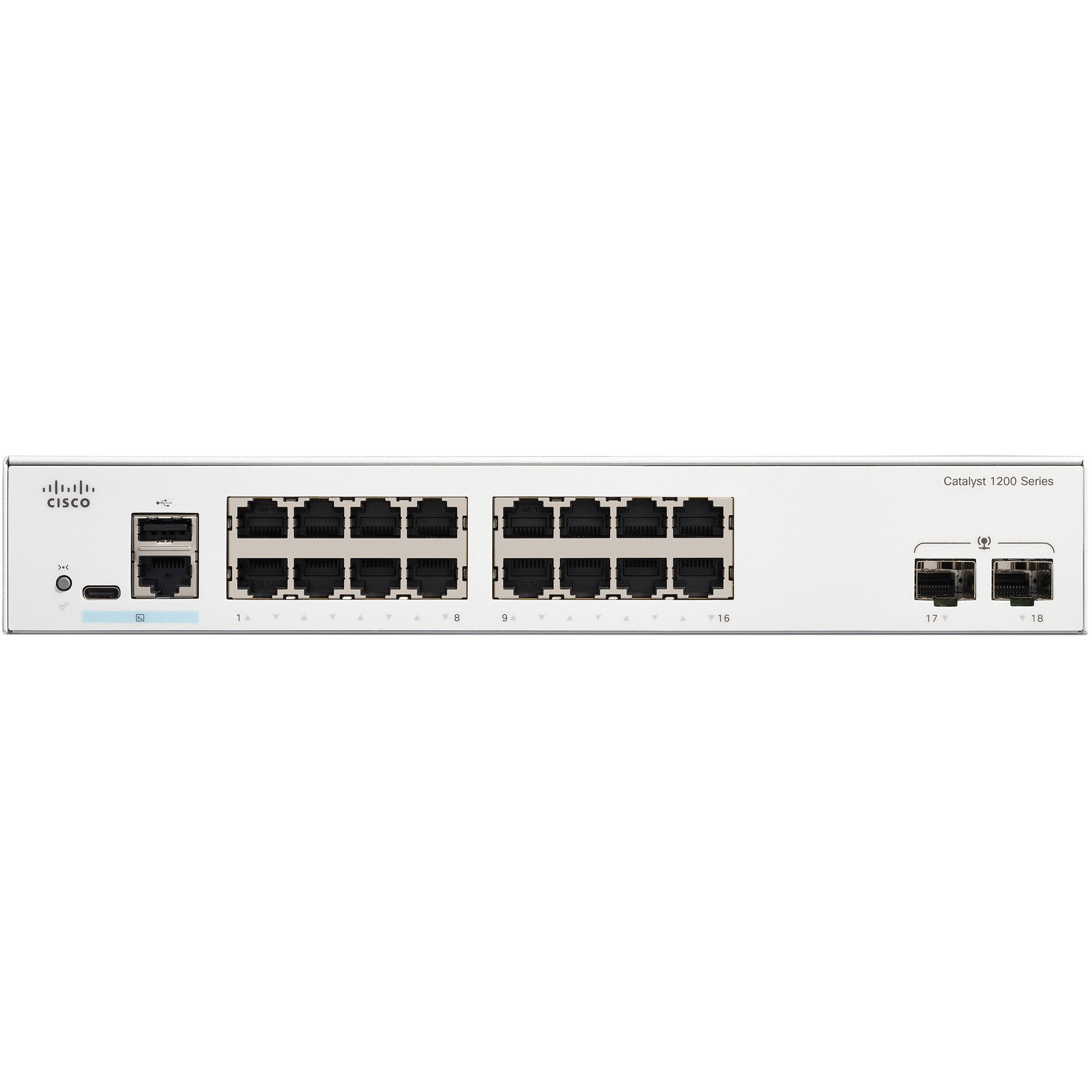 Cisco Catalyst 1200 managed switch with 16 Gigabit Ethernet ports and 2 x 1G SFP uplinks — view 2