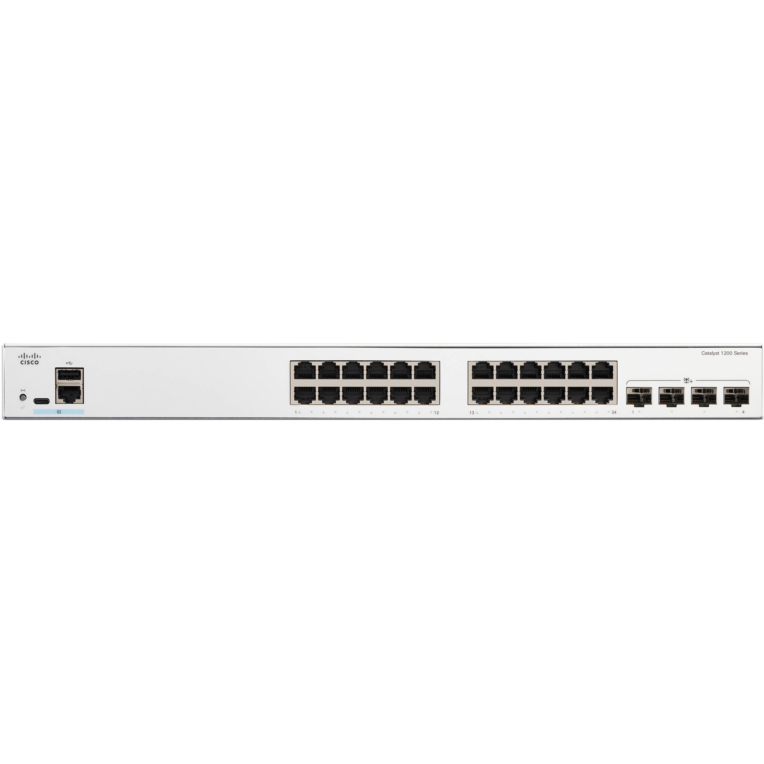 Cisco Catalyst 1200 managed switch with 24 Gigabit Ethernet ports and 4 10G SFP+ uplinks — view 2