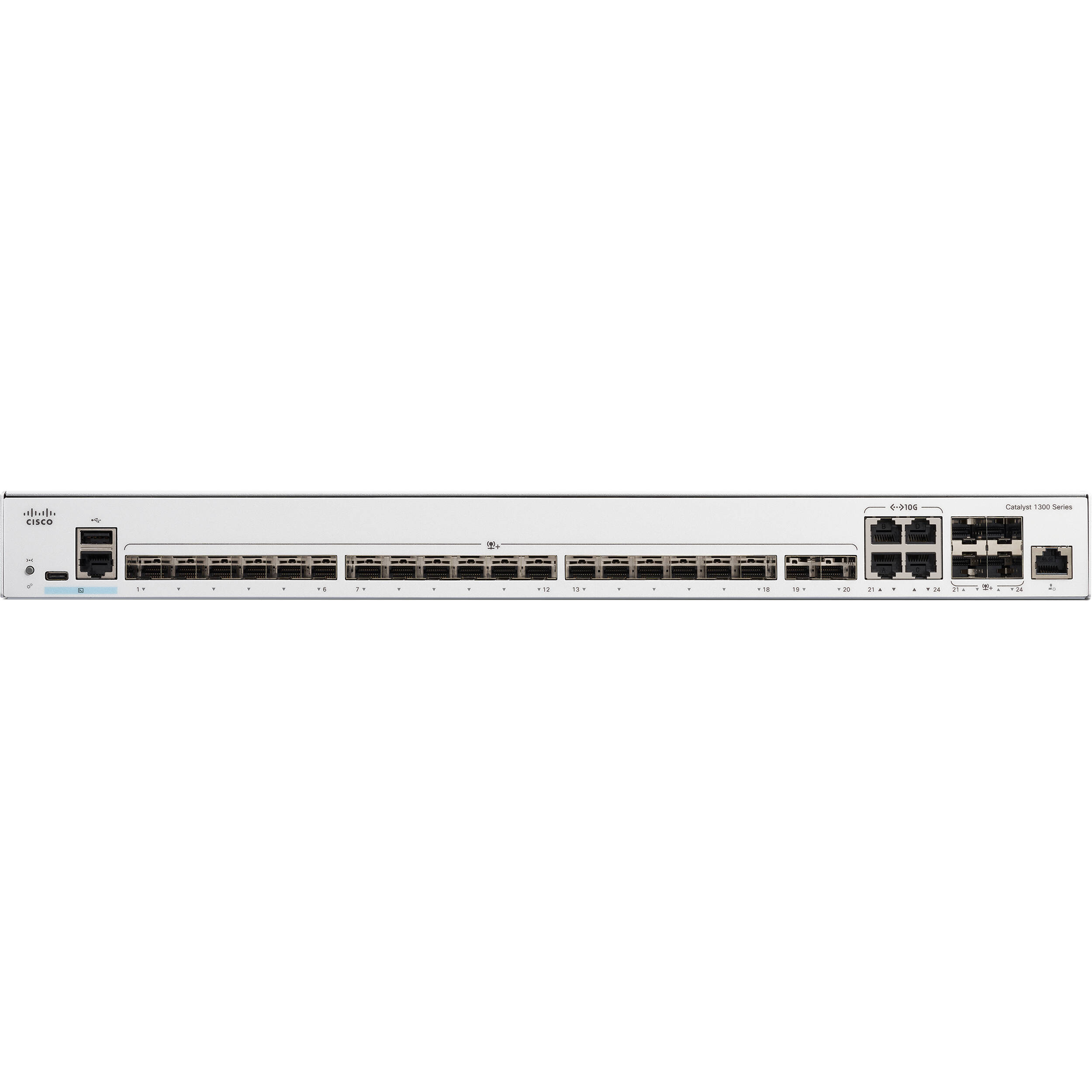 Cisco Catalyst 1300 managed switch with 24 SFP+ ports and 4 shared 10GbE uplinks — view 2