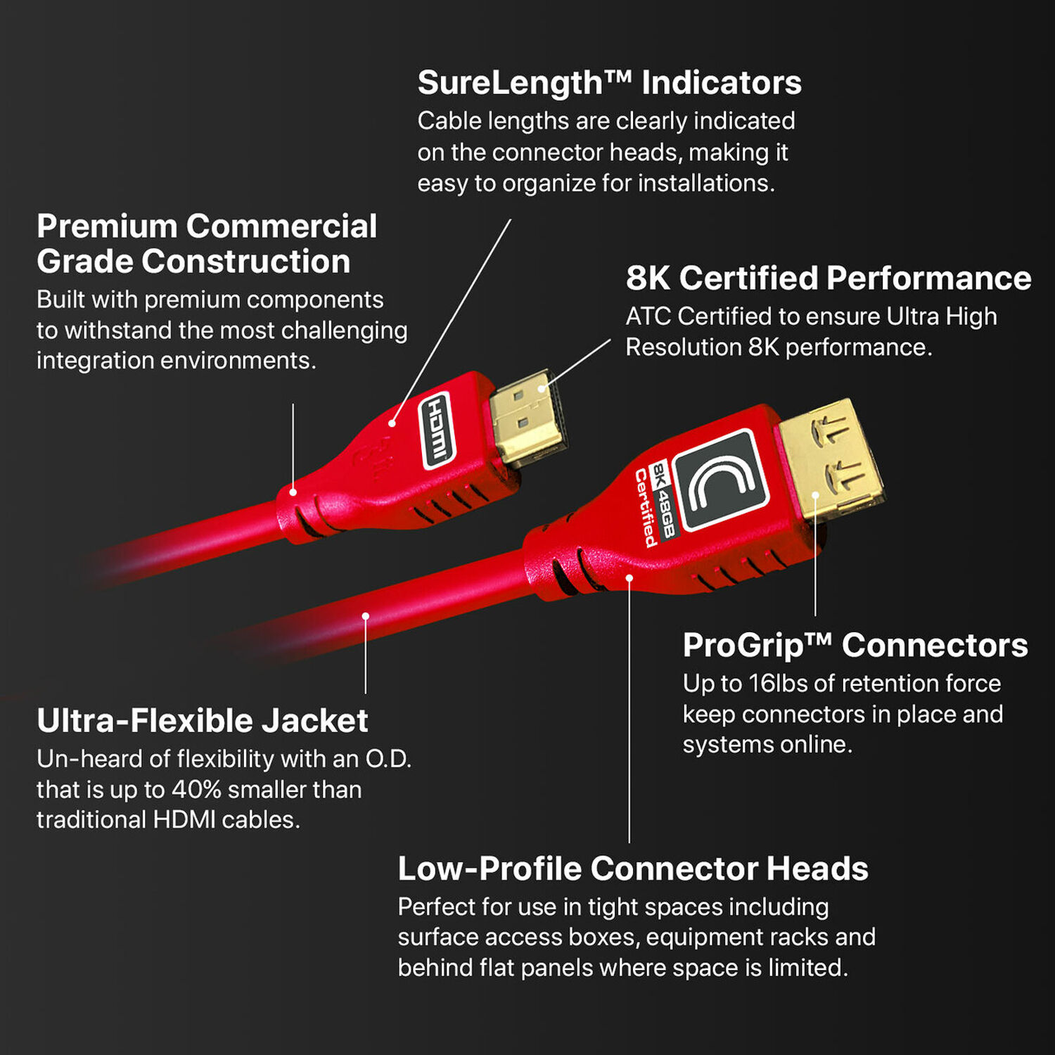 Red 9 ft MicroFlex 48G 8K HDMI cable with ProGrip HDMI connectors — view 6